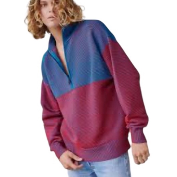 Nagnata Zhen Rib Zip Thru Sweater Blue Red Cotton Pullover Unisex Large L - Picture 1 of 7